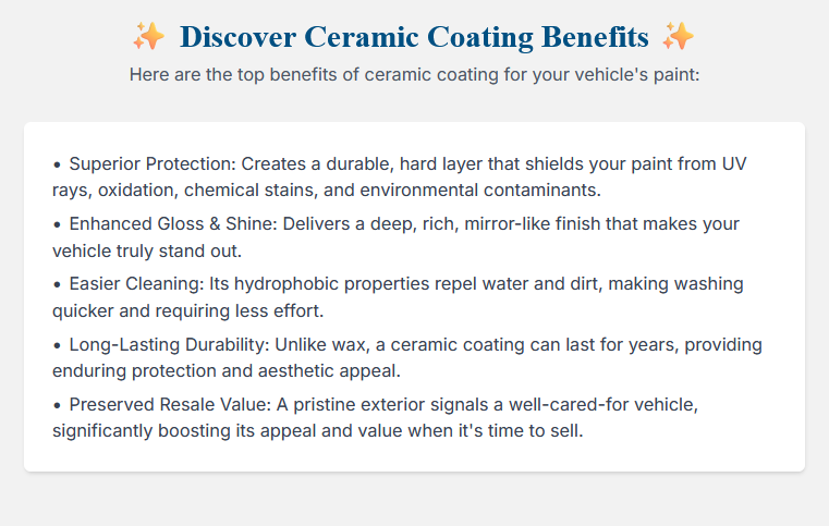 A graphic detailing the benefits of ceramic coating for vehicles, highlighting superior protection, enhanced gloss and shine, easier cleaning, long-lasting durability, and preserved resale value.
